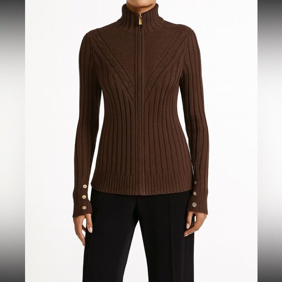 St. John Sweaters - St. John Collection Brown Ribbed Zip-Front Sweater Jacket Size P (Small petite)